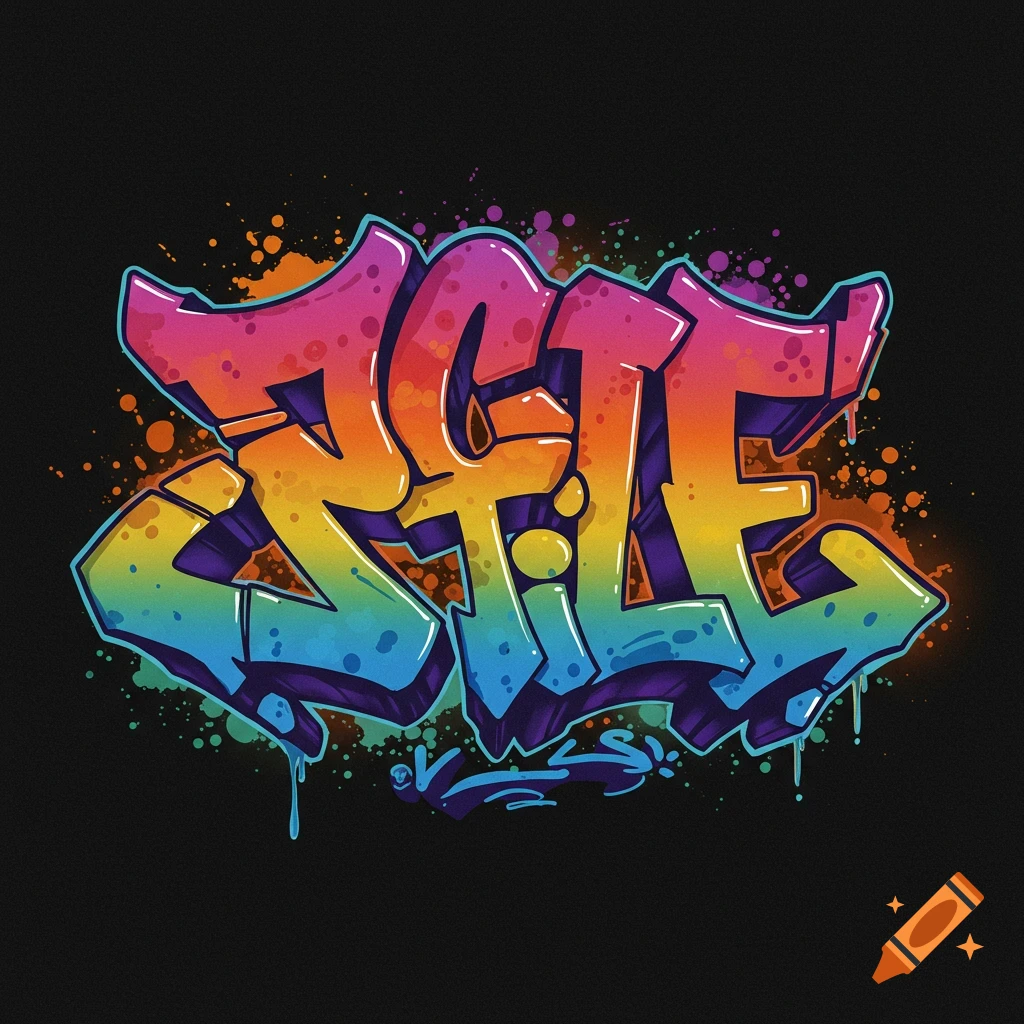 The word JC TILE rendered in vibrant, rainbow-colored graffiti style lettering with splatters and drips on a black background.