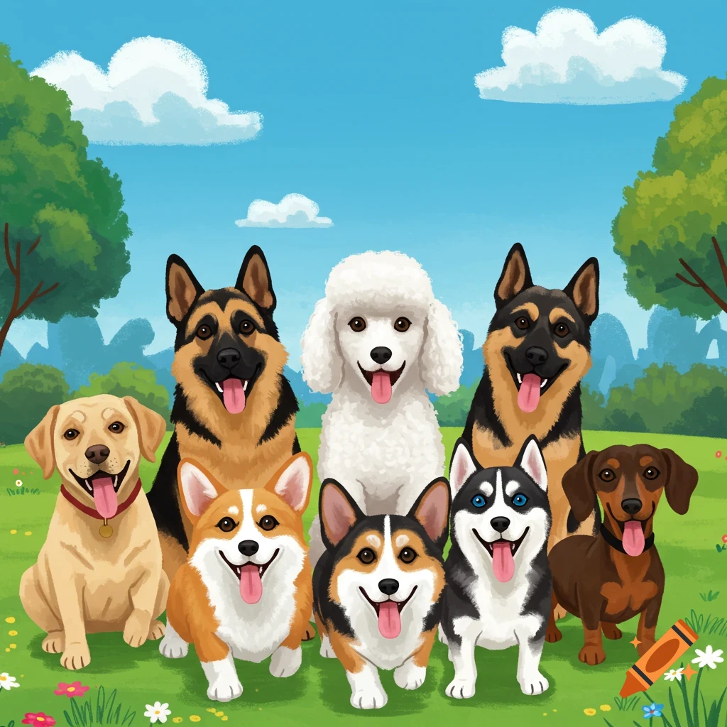 Cartoon illustration of diverse happy dogs sitting in a park.