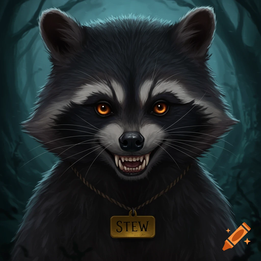 Close-up of an evil raccoon with glowing orange eyes and sharp teeth, wearing a name tag that says 'Stew'.