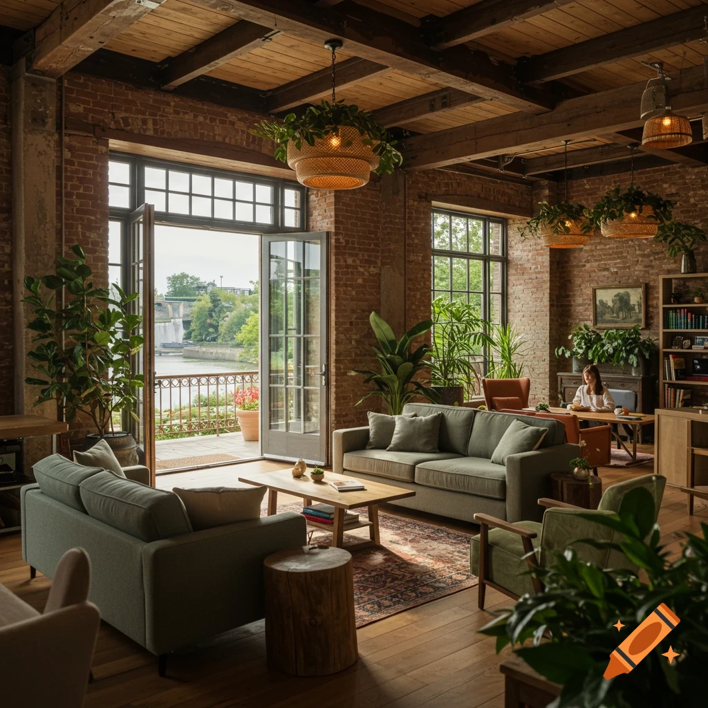 Spacious loft room with exposed brick, wood beams, furniture, plants, large windows overlooking a river and waterfall.