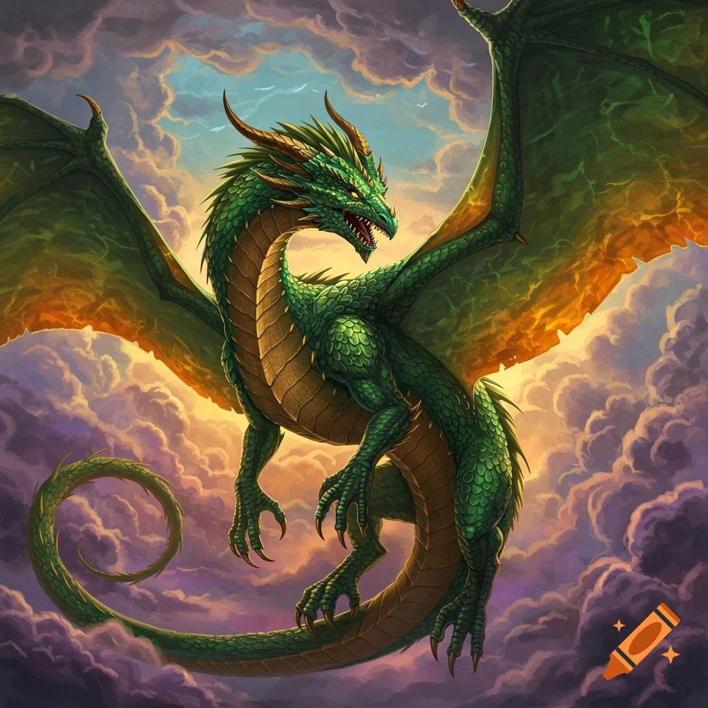 A green dragon with large wings flies through colorful clouds.