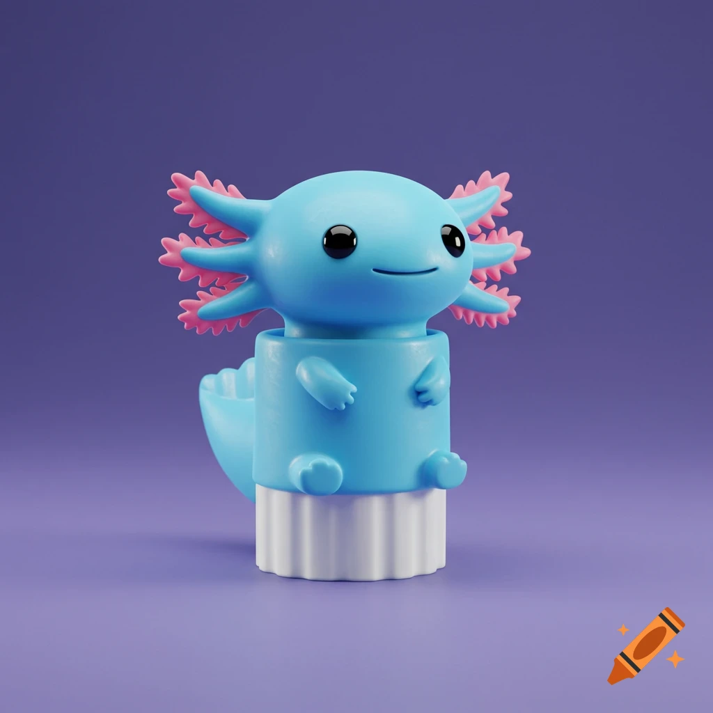 A cute blue axolotl toy sitting in a white holder on a purple background. 3D render.