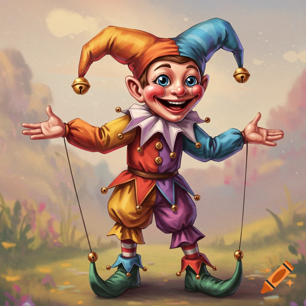 A colorful image of a jester puppet on strings in a field.