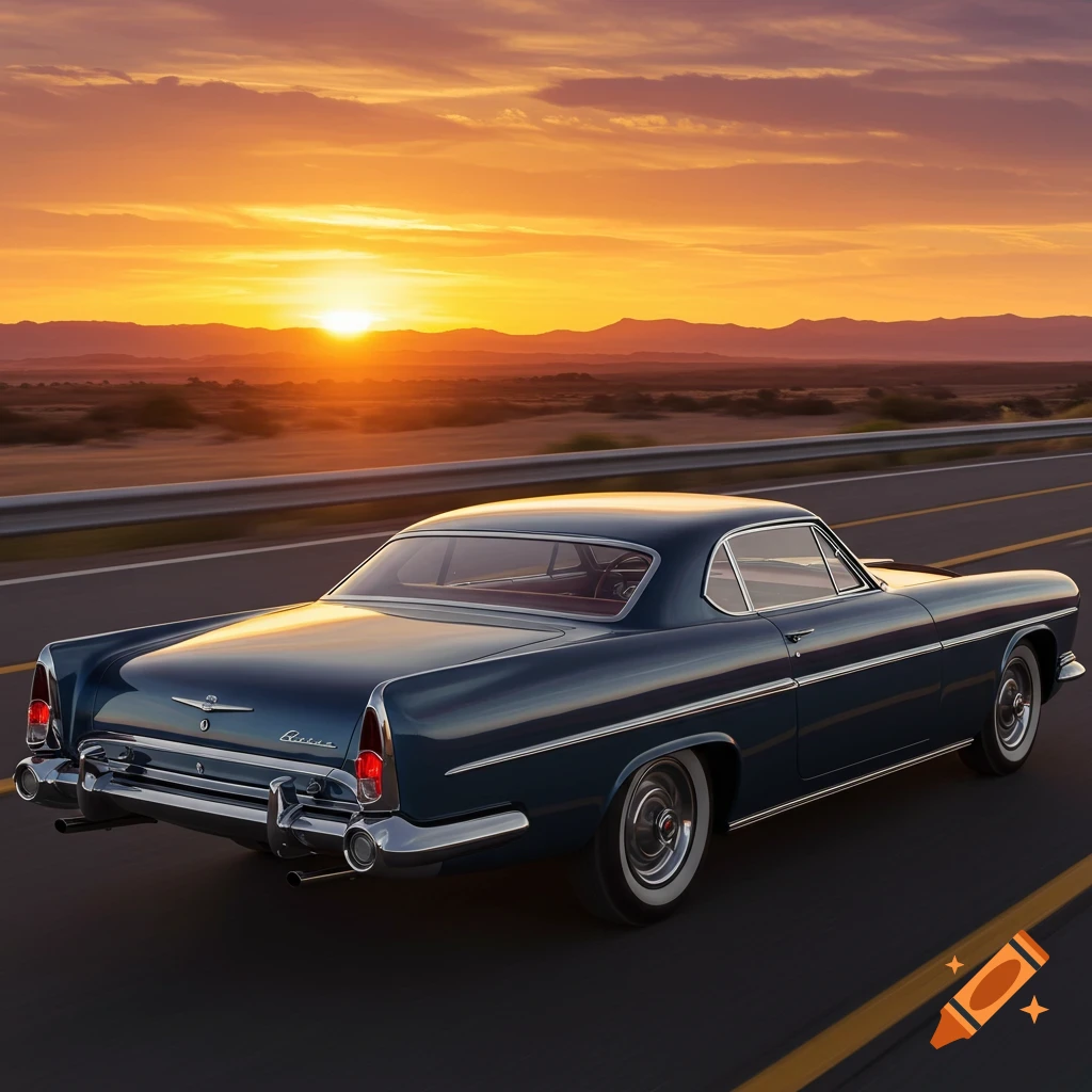 A dark blue classic coupe car drives on a road into a vibrant sunset over mountains.