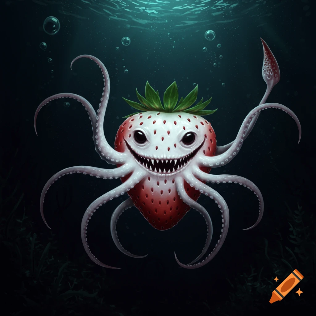 A creepy creature with a strawberry body and octopus tentacles smiles menacingly underwater.