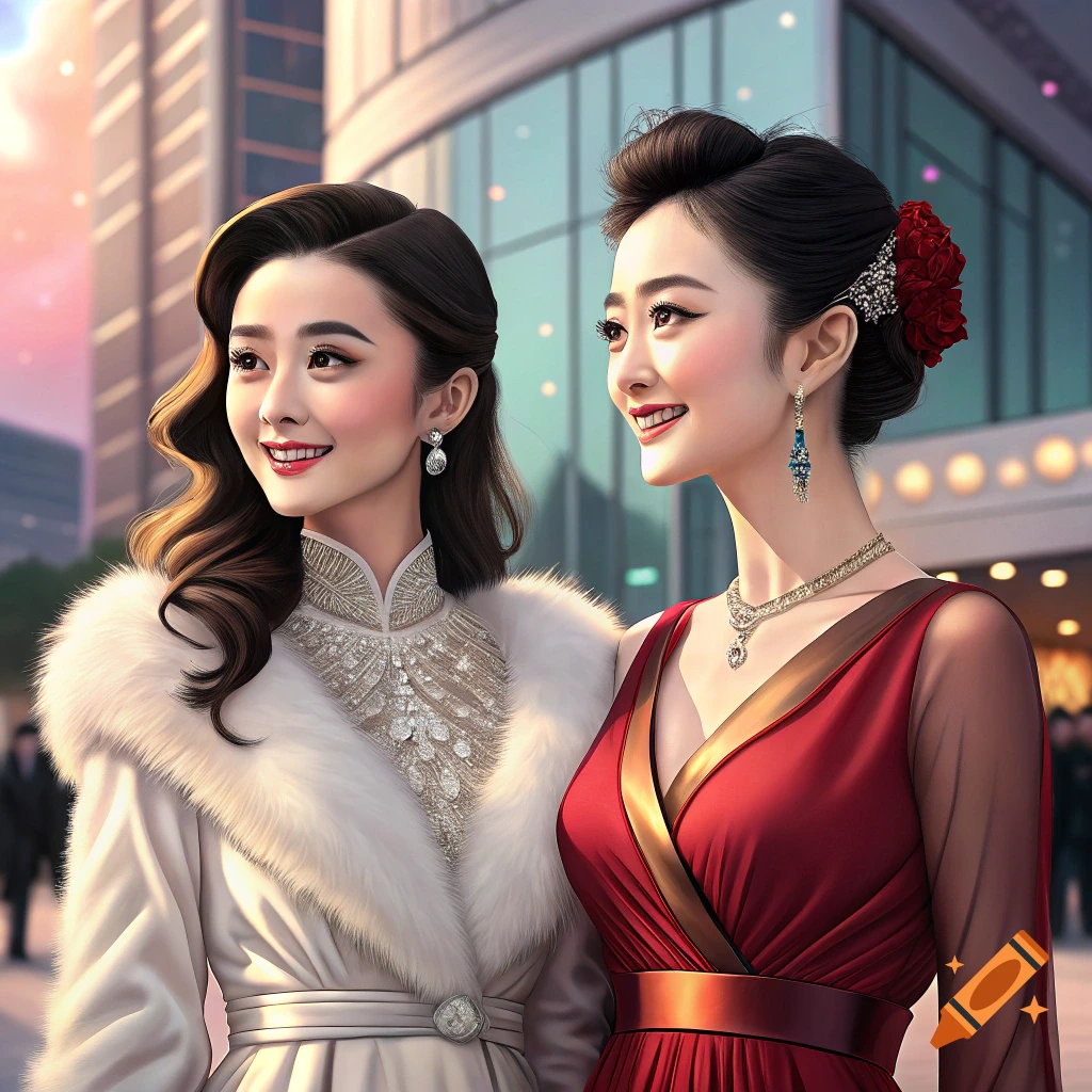 Two women in elegant dresses and jewelry pose outside a building at sunset.