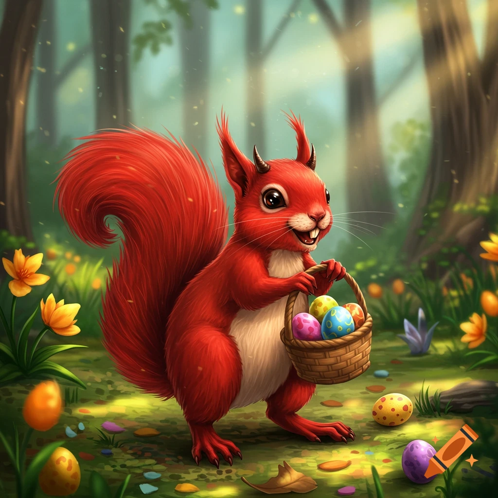 A cute red squirrel with small horns holds a basket of colorful Easter eggs in a sunlit forest.