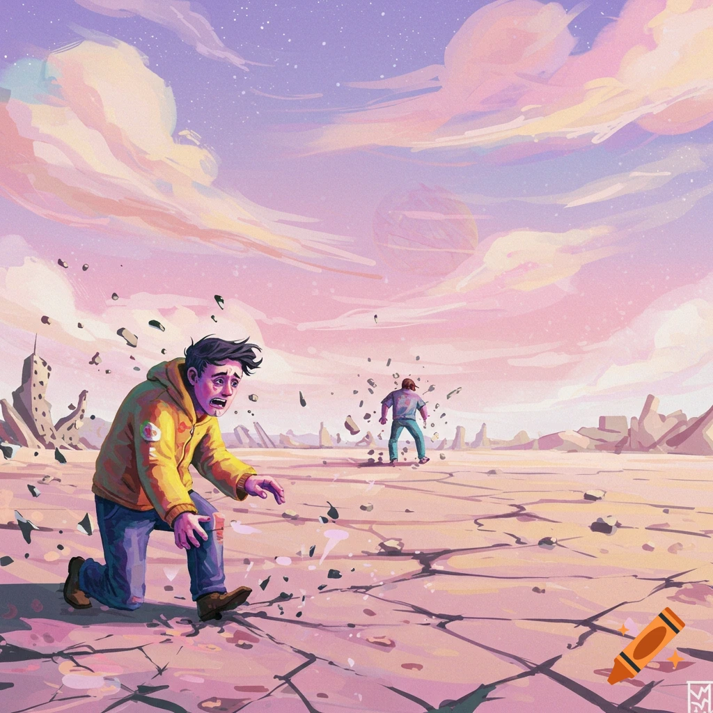 A kneeling figure in a yellow hoodie looks distressed in a cracked landscape with floating debris and another figure in the background.