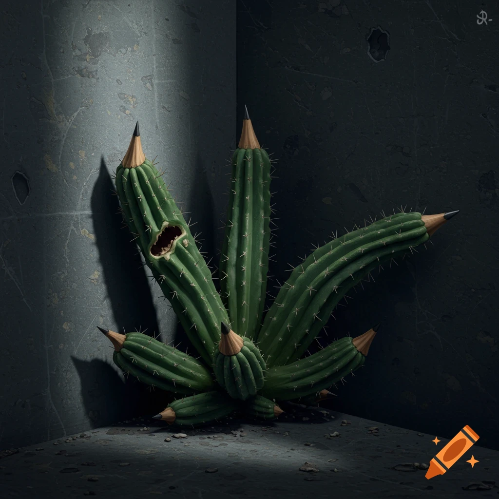 A surreal cactus plant made of pencils in a dark corner.