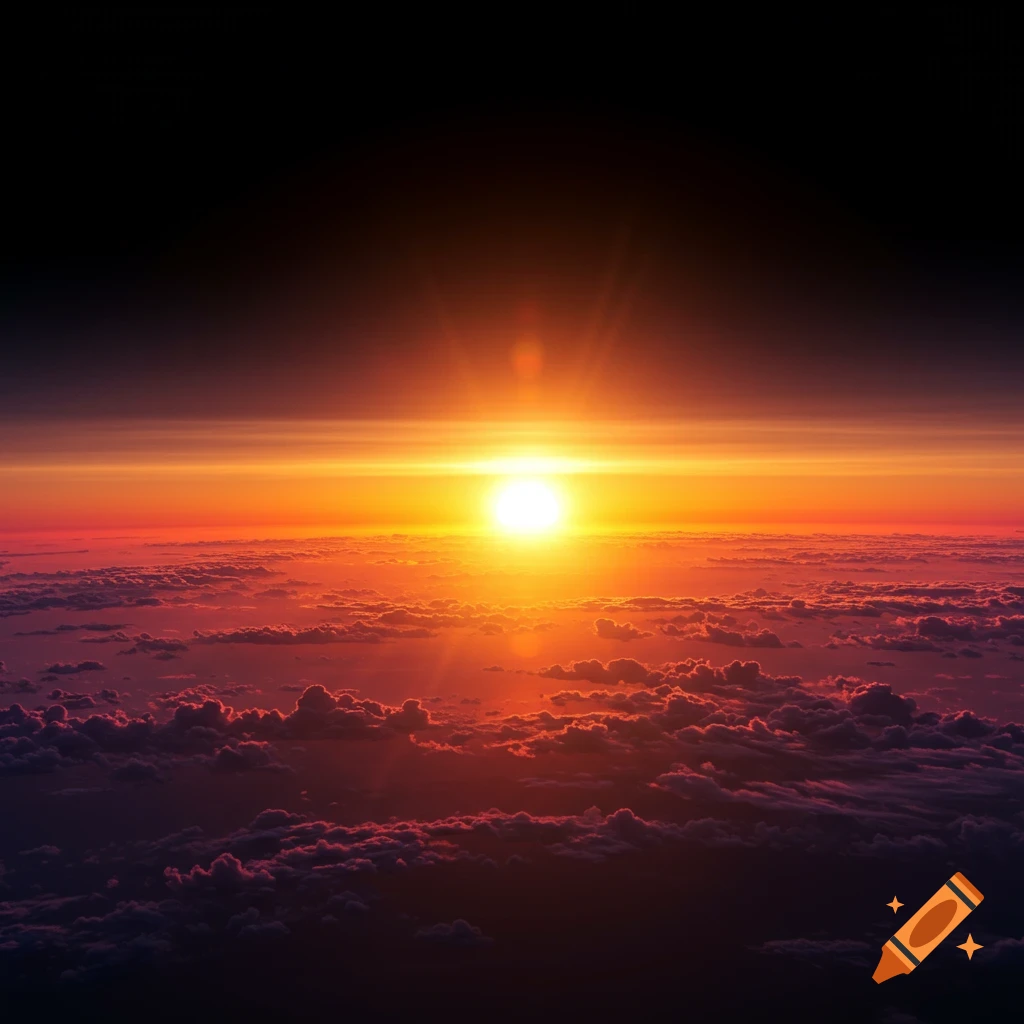 A vibrant sunset over clouds from high altitude.