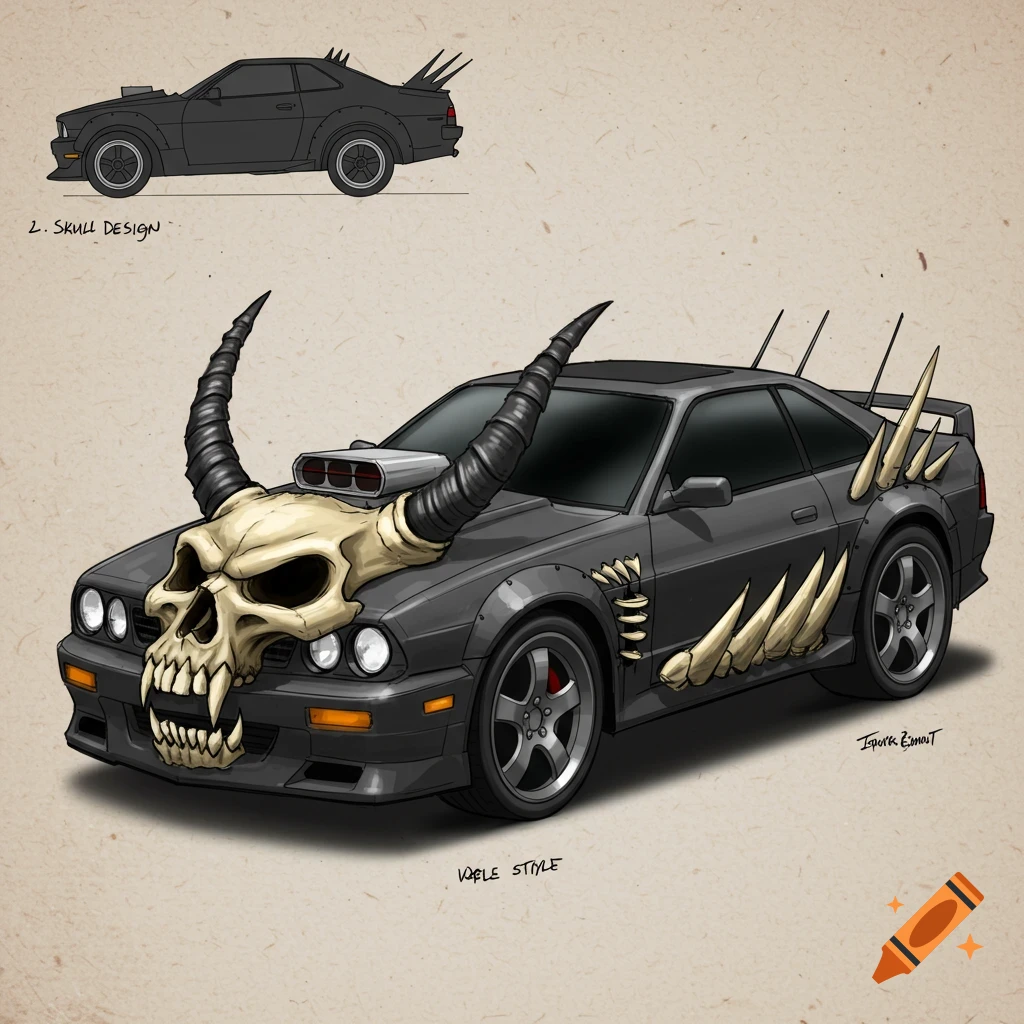 Digital illustration of a dark gray custom car with a skull and horns on the hood and bone spikes.