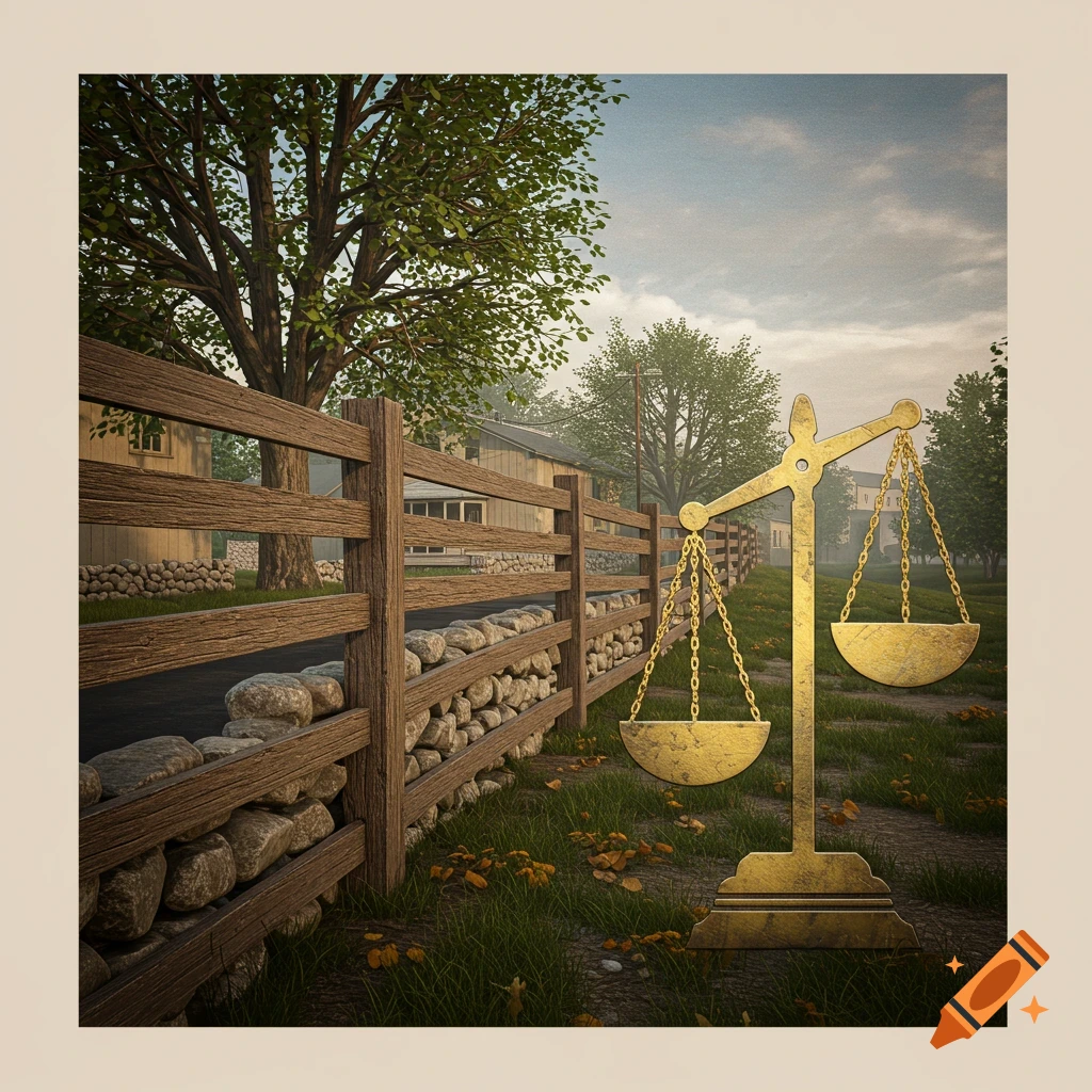 Golden scales of justice stand beside a wooden fence and stone wall in a rural setting.