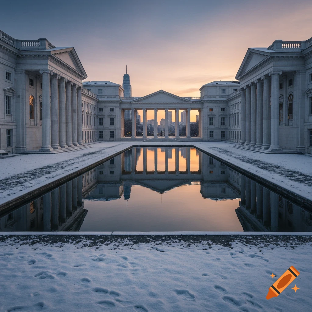 Symmetrical classical building reflected in a pool with snow, city skyline and sunset sky.