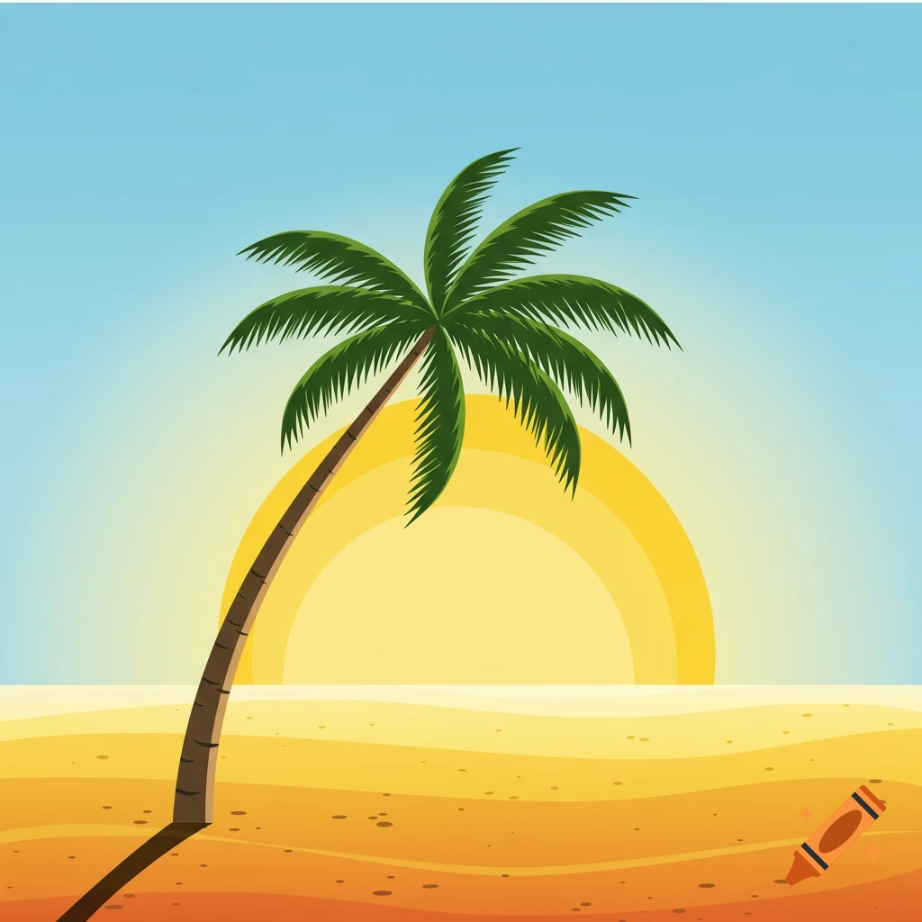 Vector graphic of a palm tree on a beach at sunset.