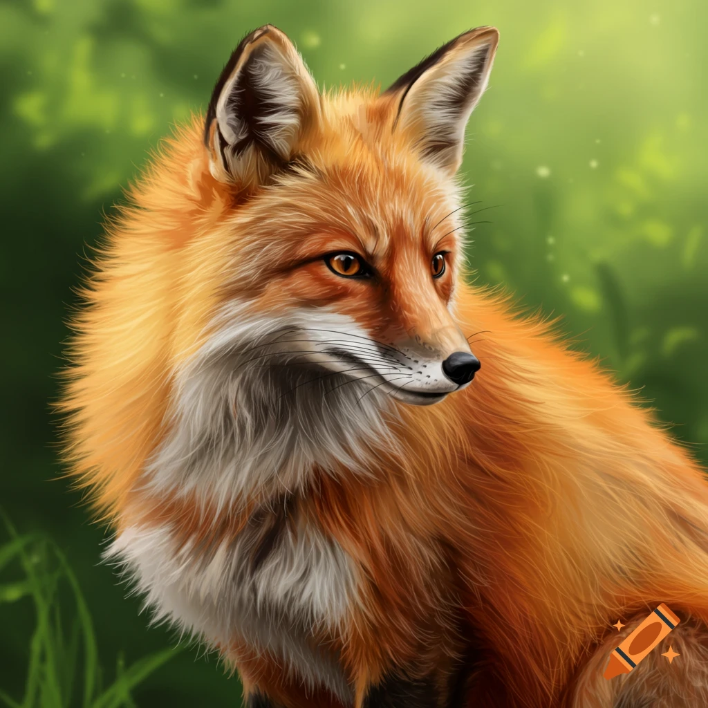 A red fox looking to the right with a green, blurry background.