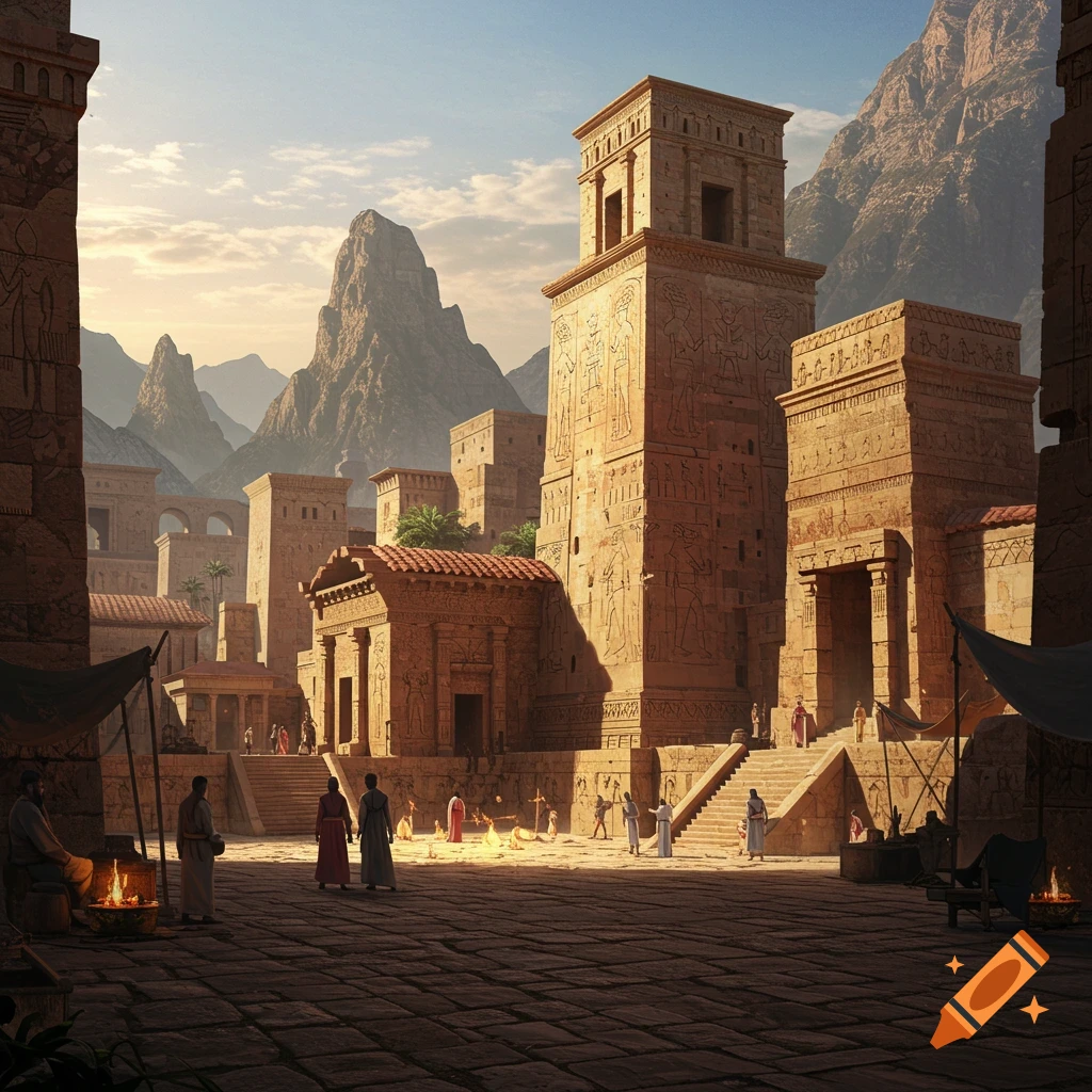 An ancient city with large carved stone buildings and people in a plaza.