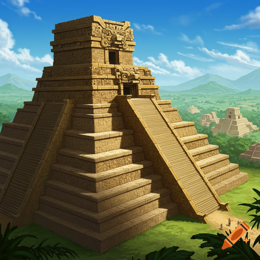 A large Mayan temple pyramid with stairs, surrounded by jungle and mountains under a blue sky.