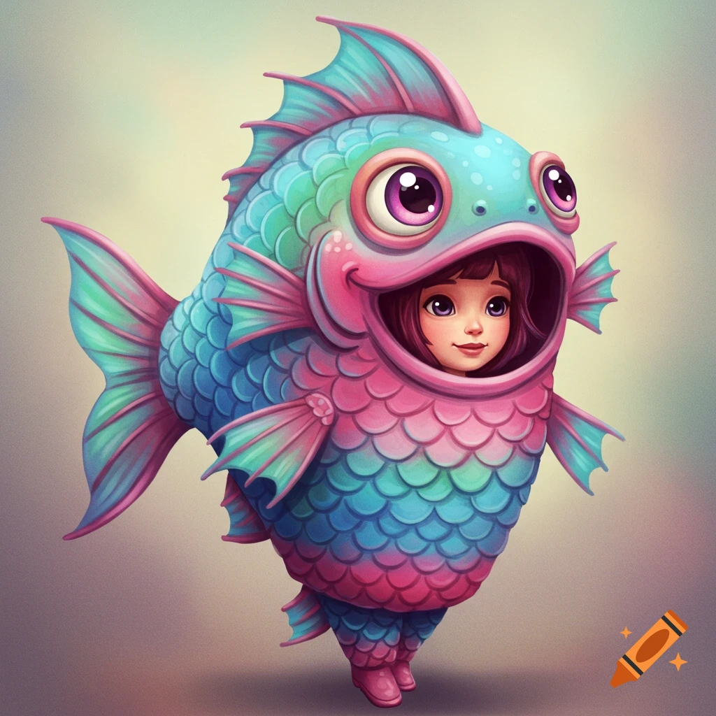A girl wearing a colorful blue, pink, and green fish costume.