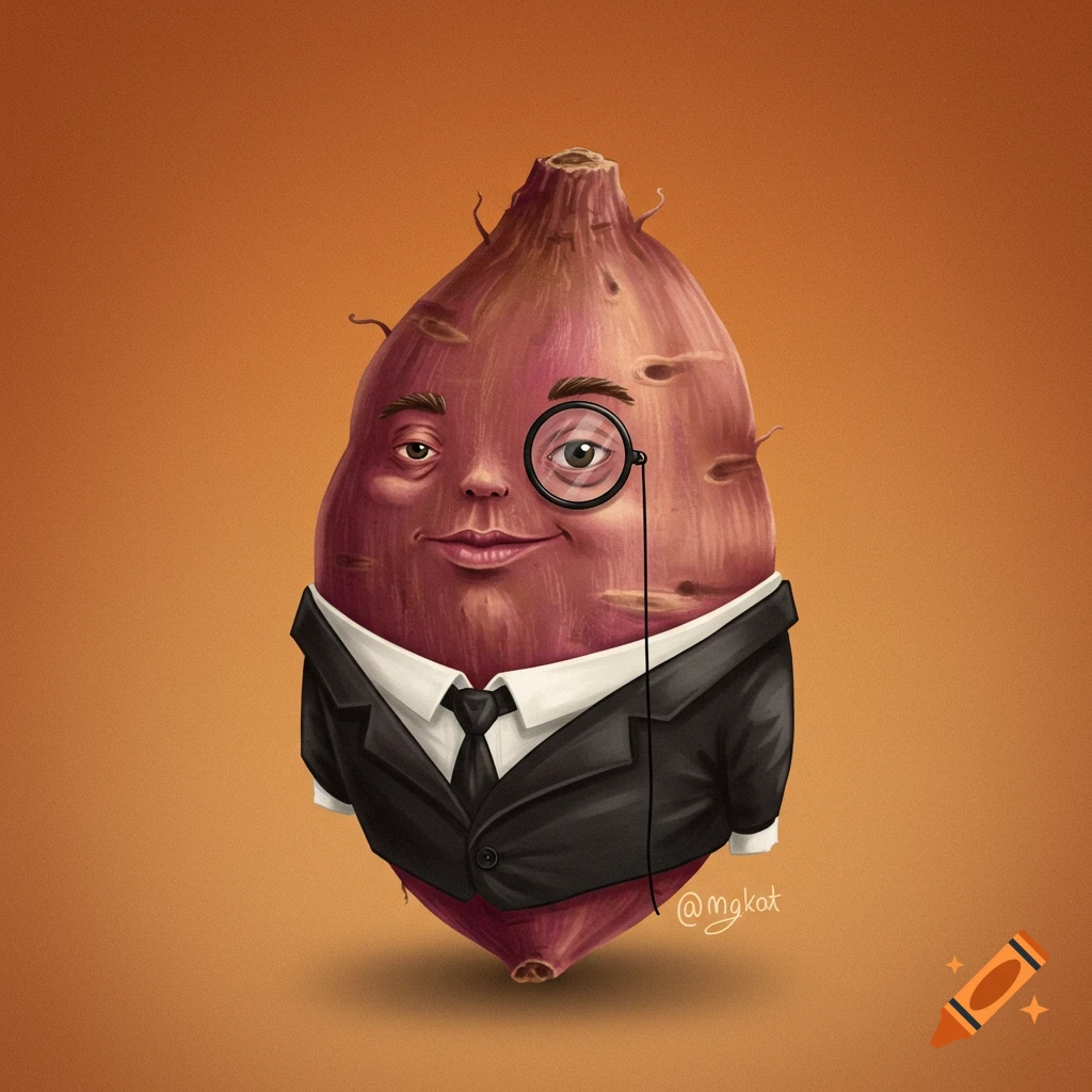 A sweet potato wearing a suit and monocle.