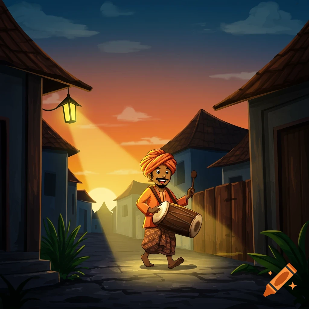 A cartoon man playing a drum while walking down a village street at sunset.