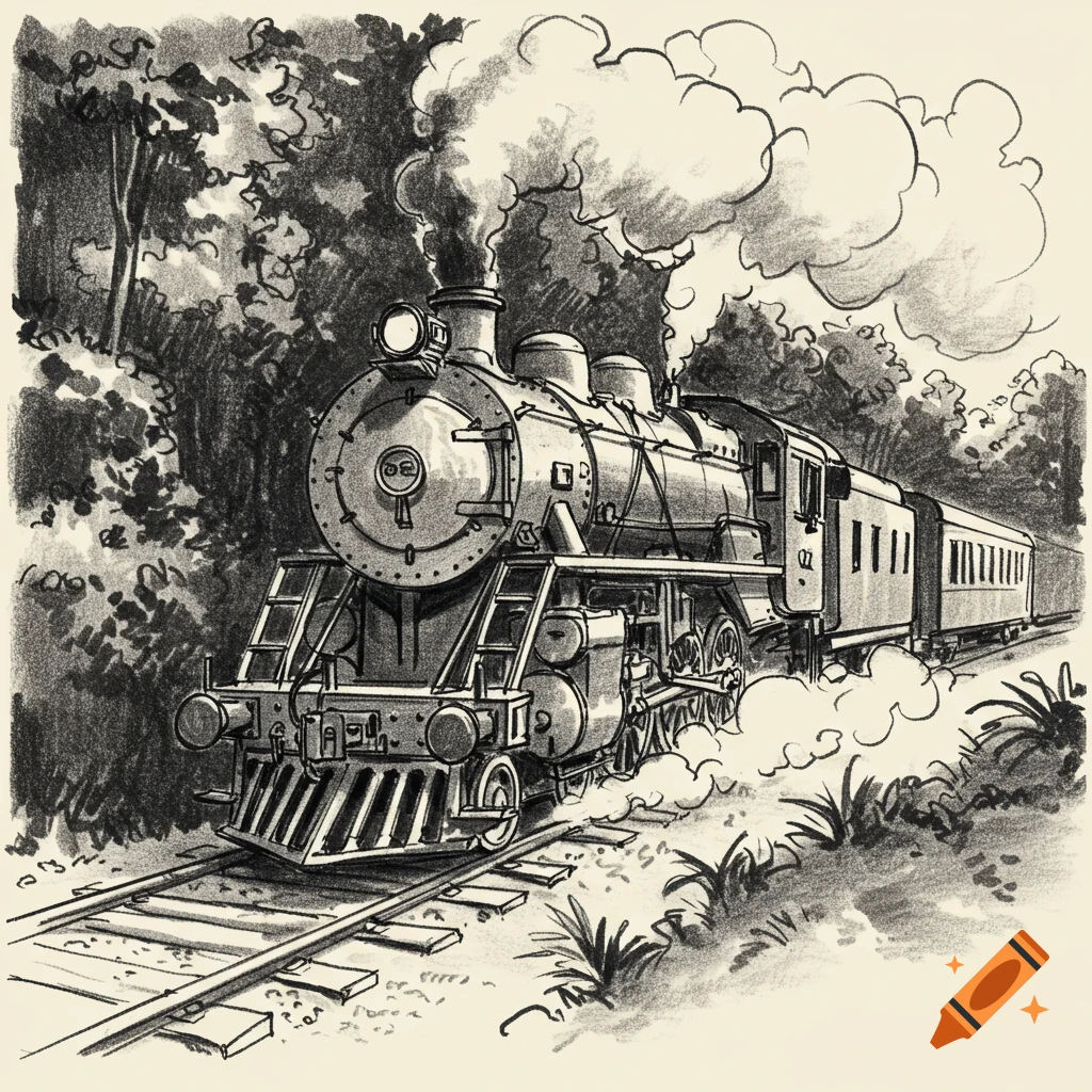Charcoal sketch of a steam train moving through a forest.