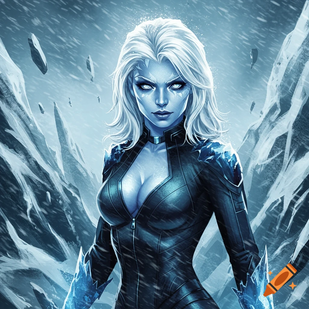 Female character with white hair and blue skin in a snowy, icy landscape
