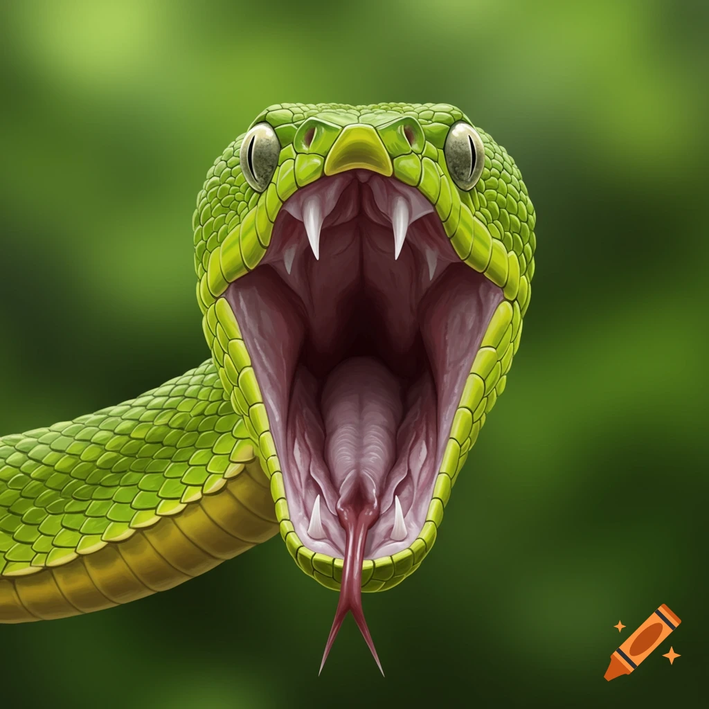 A green snake with its mouth wide open, showing fangs and throat.