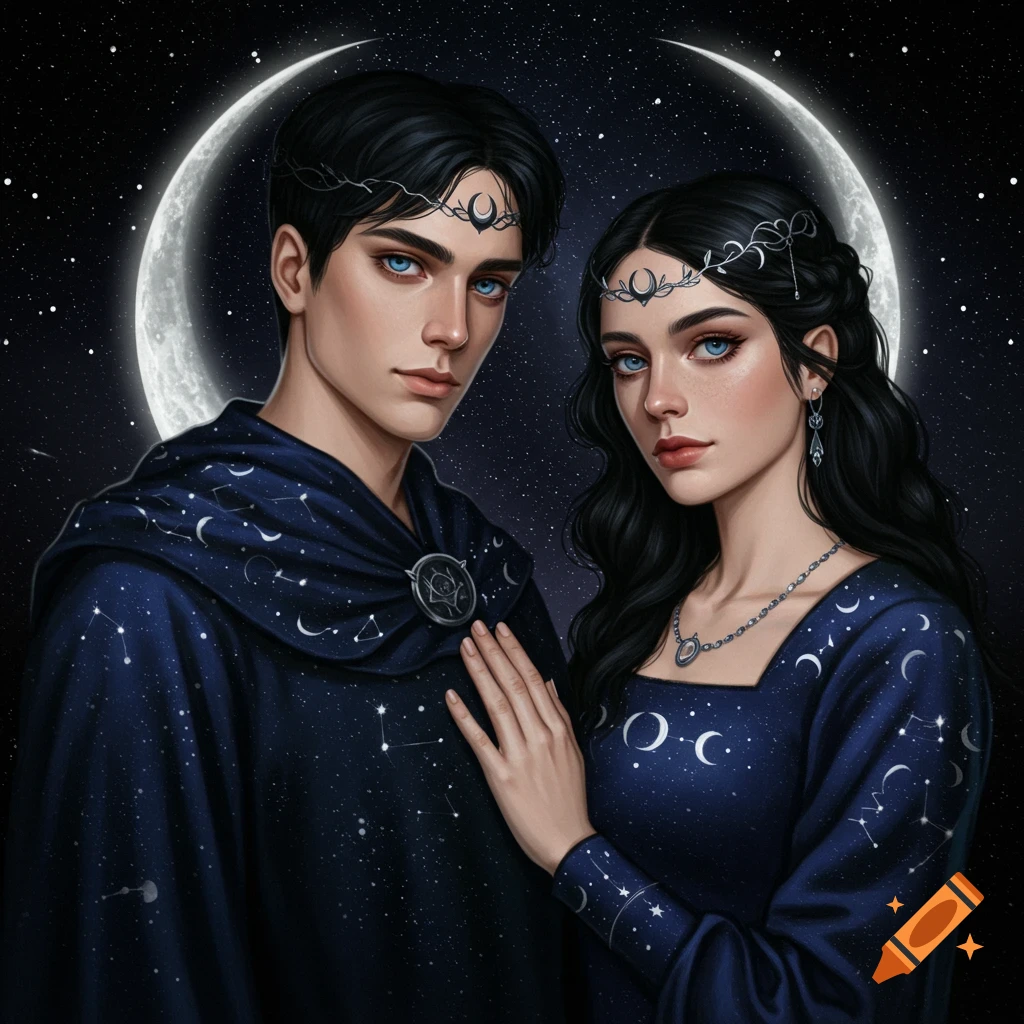 Fantasy portrait of a couple with moon and star theme against a starry background.