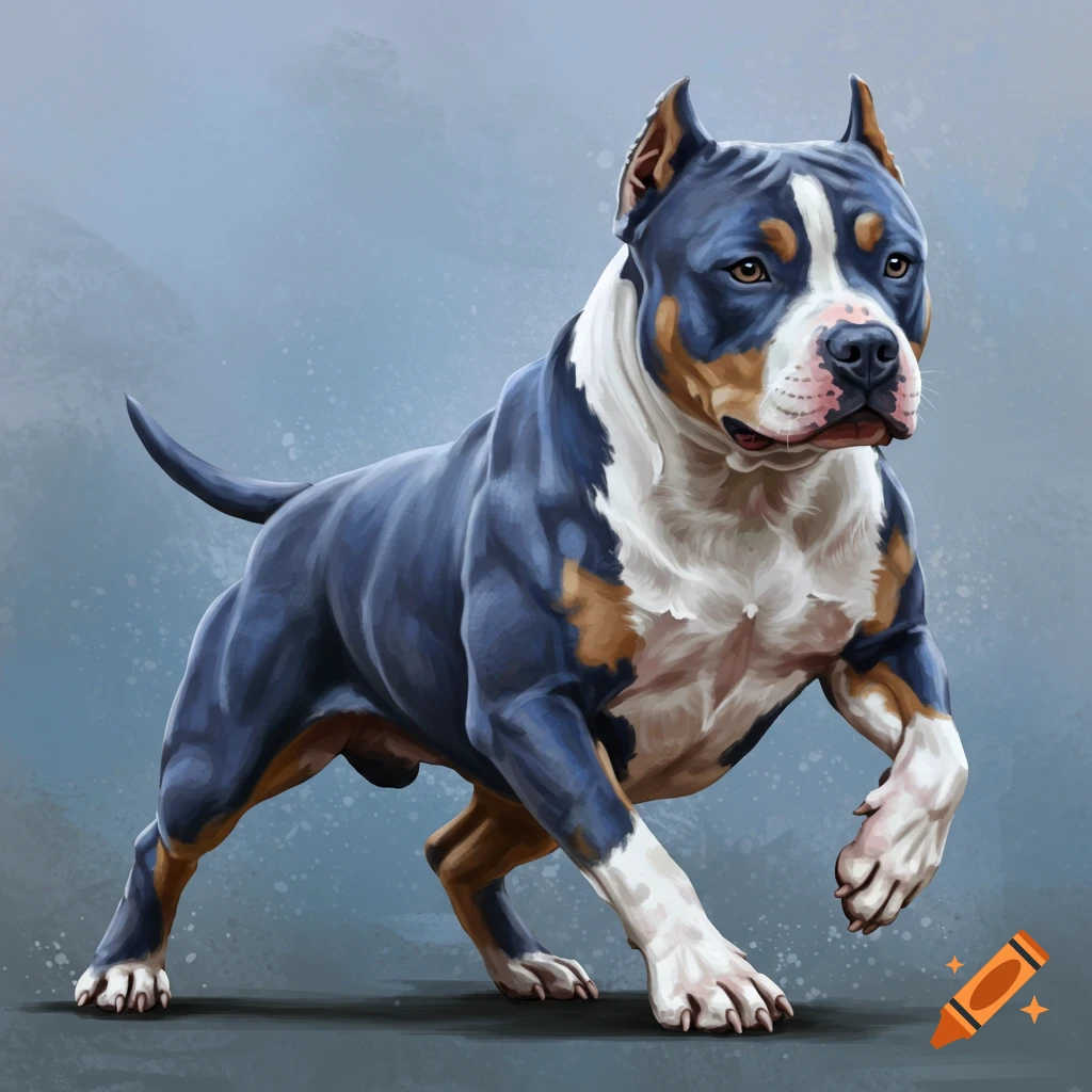 A blue, white, and tan pit bull dog is captured in a dynamic pose.