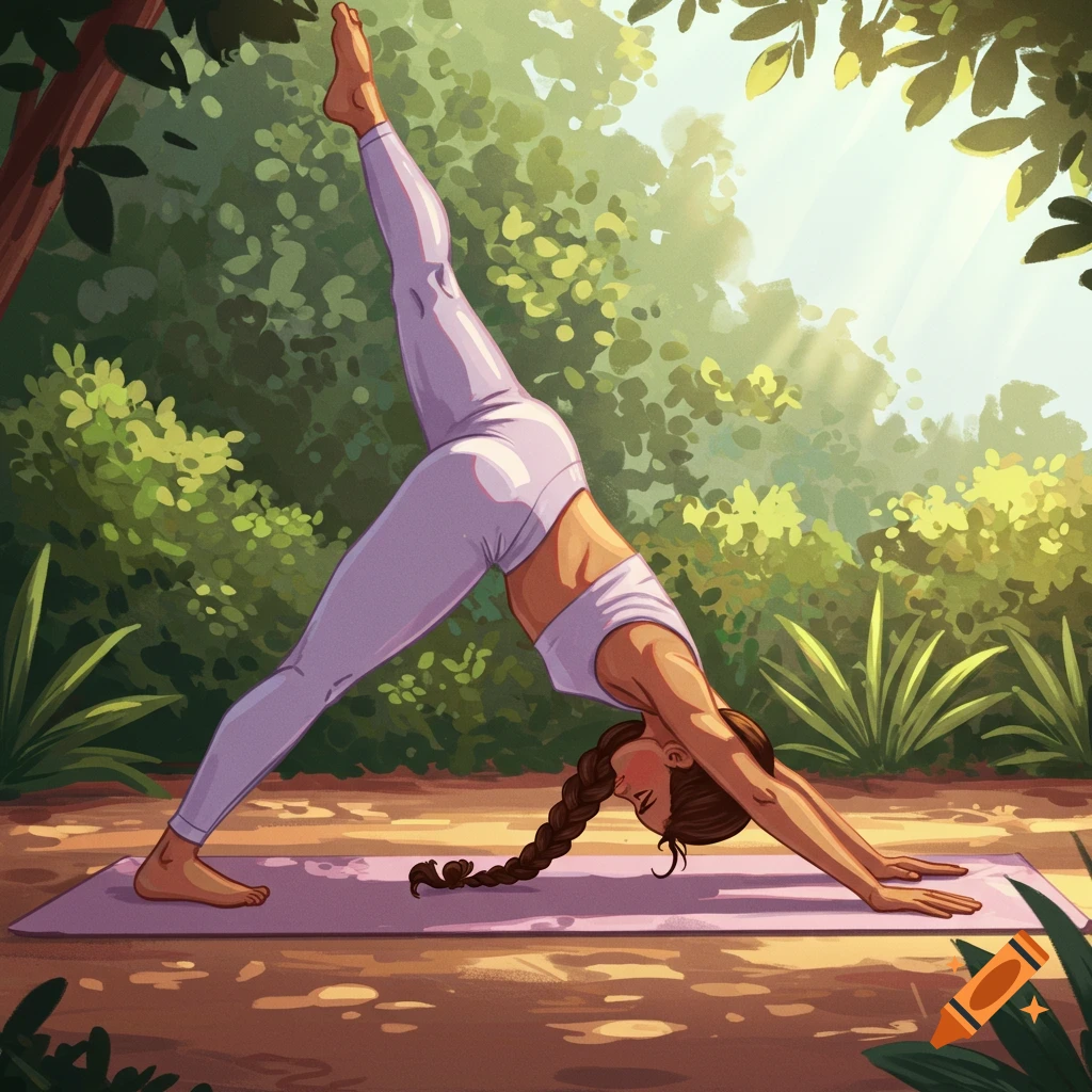 A woman doing one-legged downward dog yoga pose outdoors on a mat.
