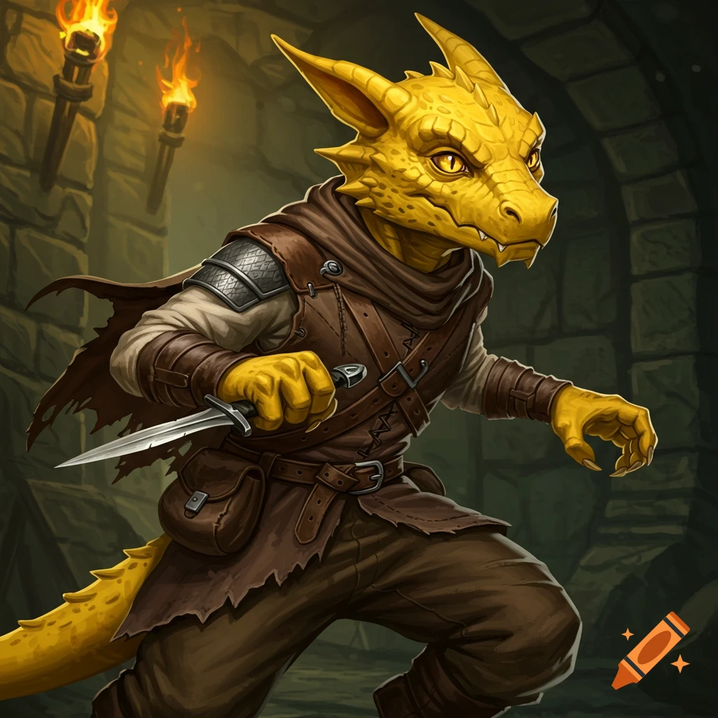 A yellow-skinned kobold thief in a leather tunic holds a dagger in a torchlit dungeon.