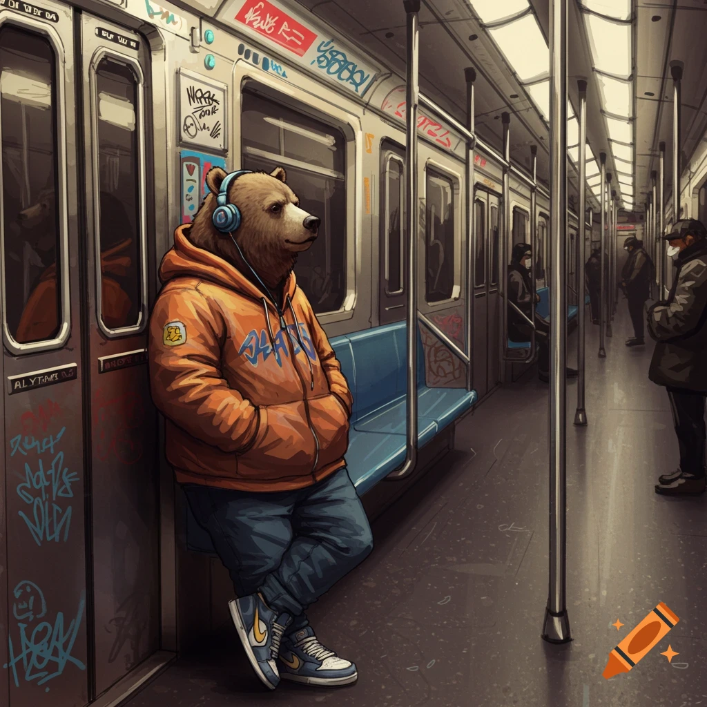 Sketchy image of a bear in a hoodie and headphones leaning in a graffiti-covered subway car.