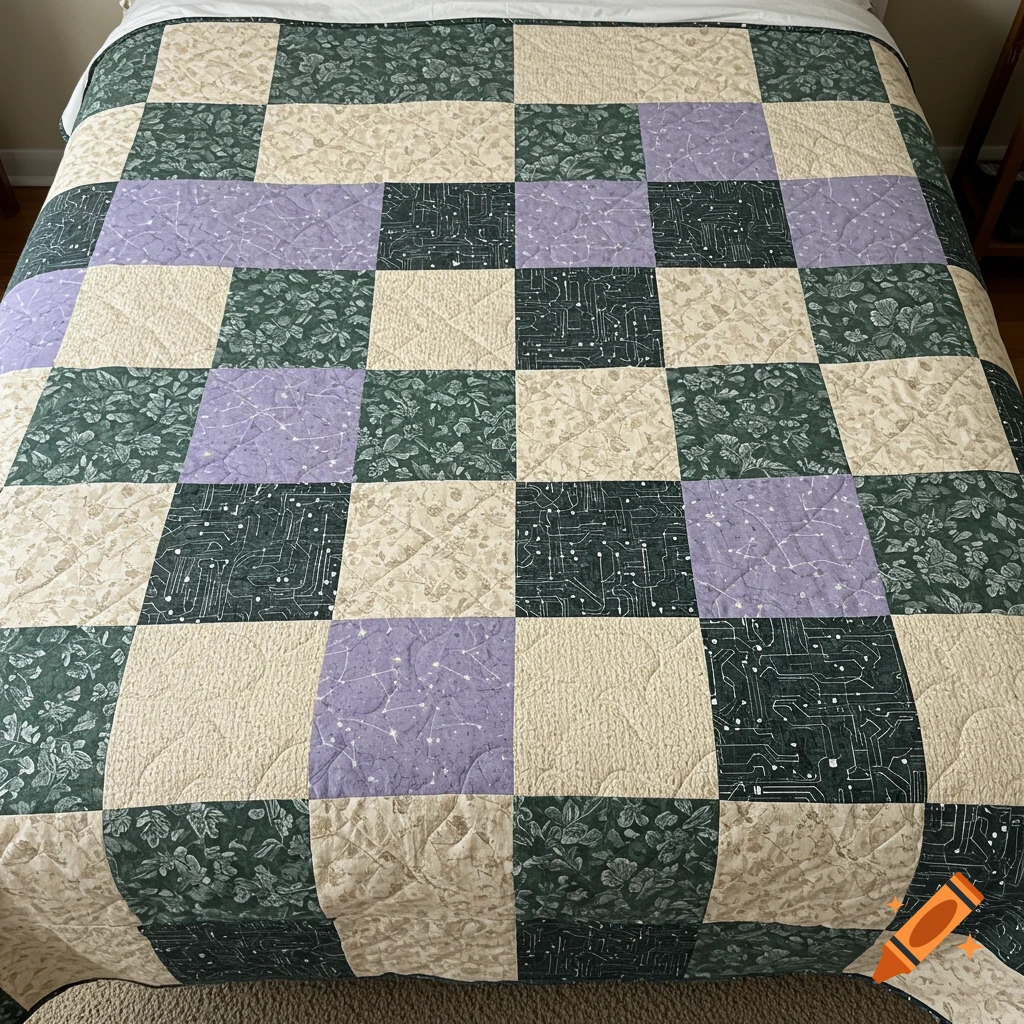 A close-up view of a checkered quilt on a bed. The squares alternate between forest green with leaves, lavender with constellations, dark gray with circuit patterns, and cream with a knit texture.