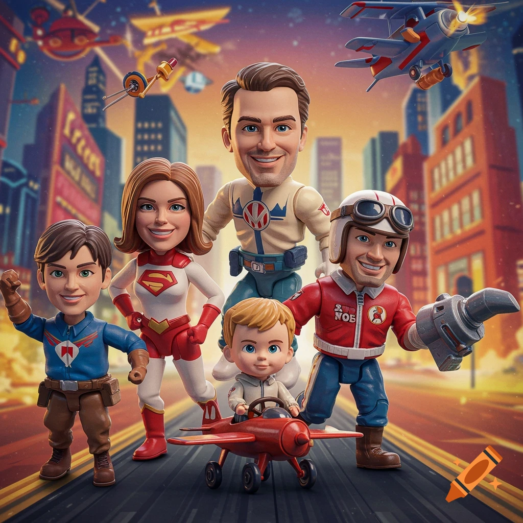 A family posed as action figures, including superheroes and a pilot, in a dynamic scene against a fantastical cityscape background.