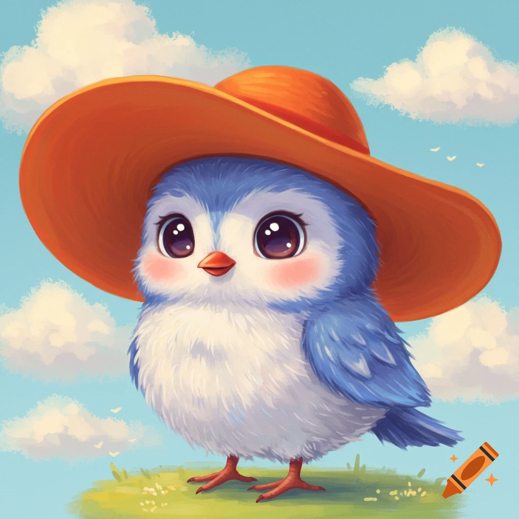 A cute blue bird with big eyes wears a large orange hat.
