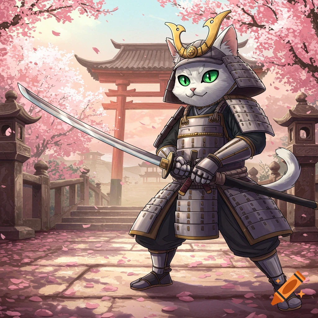 Anime cat in samurai armor holding a katana in a cherry blossom garden.