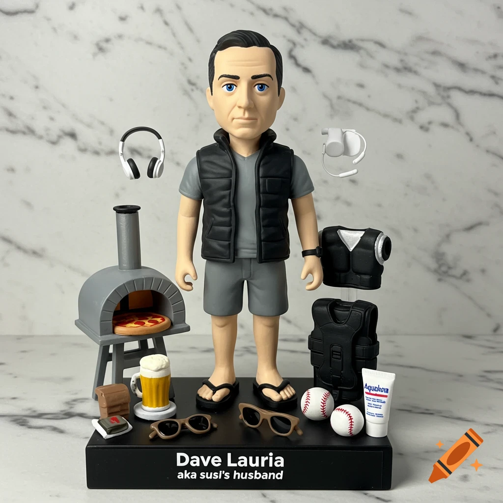 Figurine of a man on a base labeled 'Dave Lauria', surrounded by items like a pizza oven, beer, and baseballs.