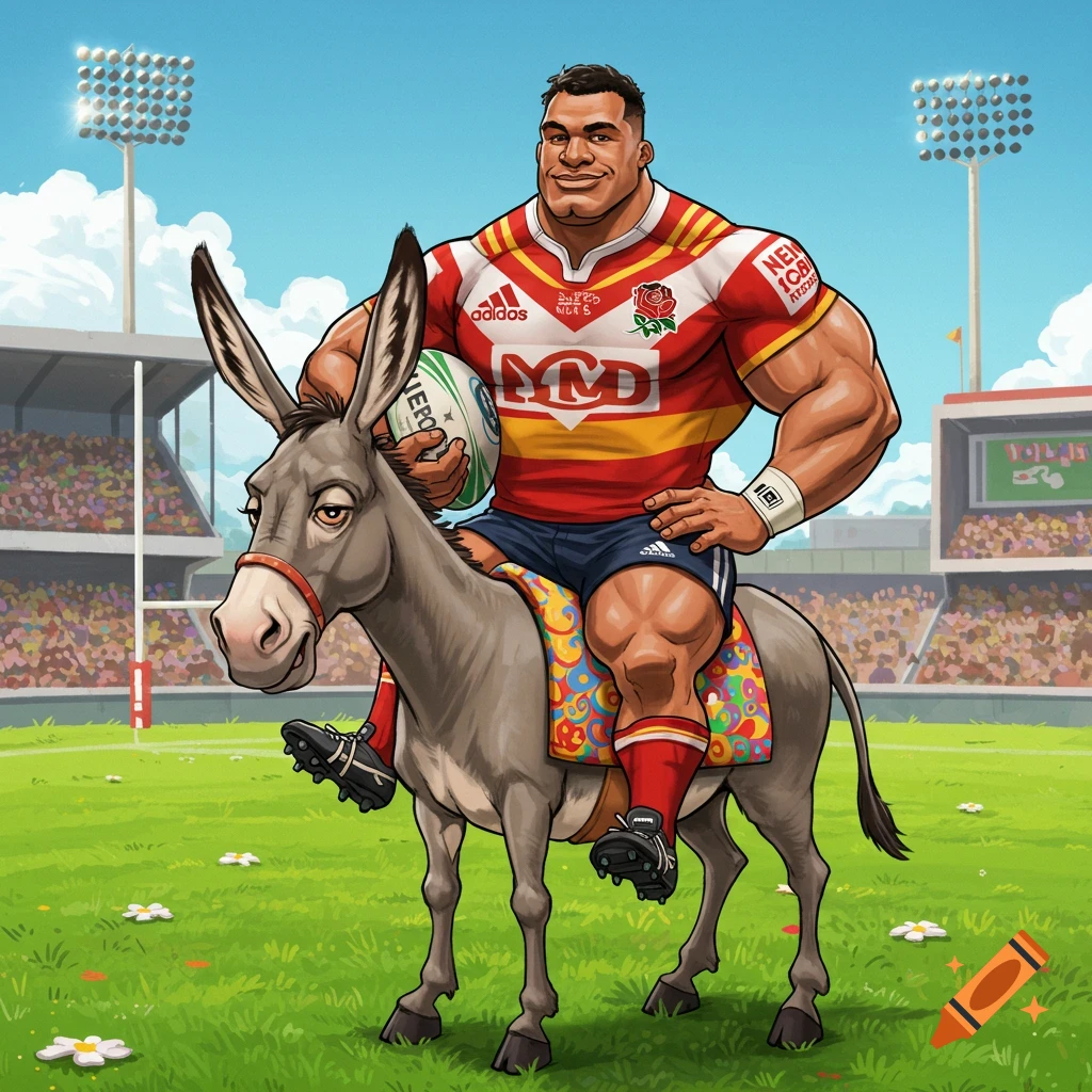 A muscular rugby player is riding a donkey on a rugby field with a stadium in the background.