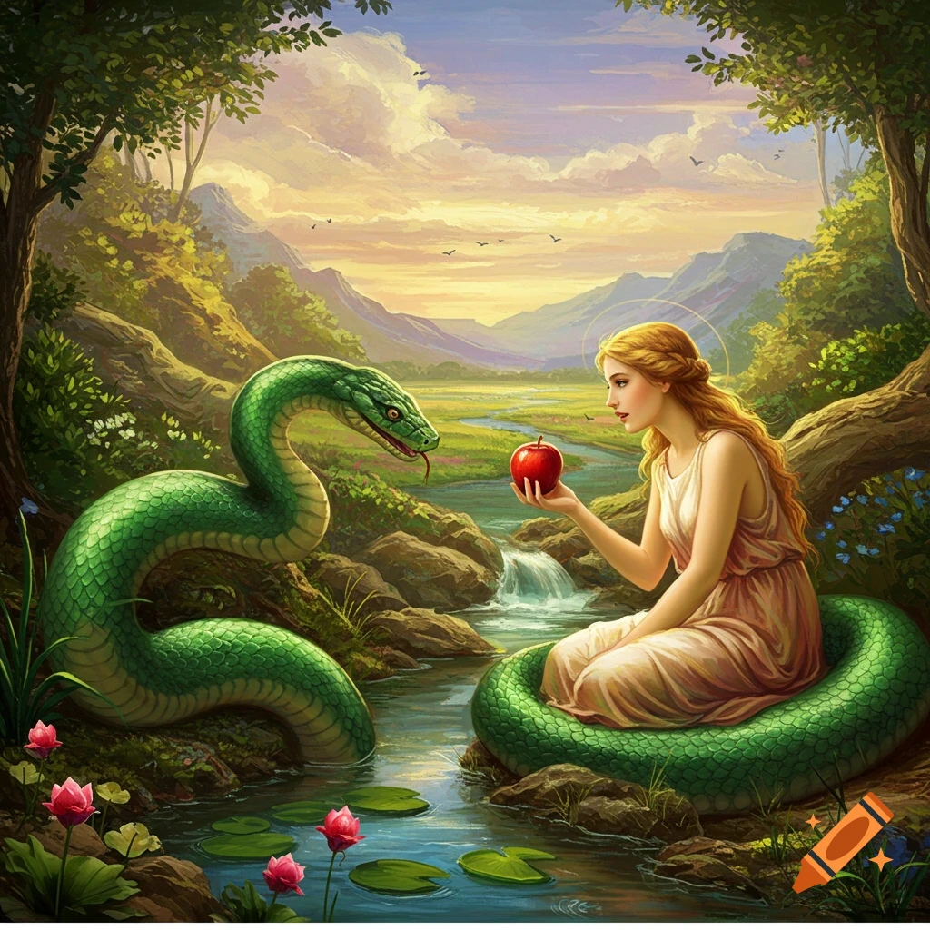 A woman and a large green snake with an apple in a garden.