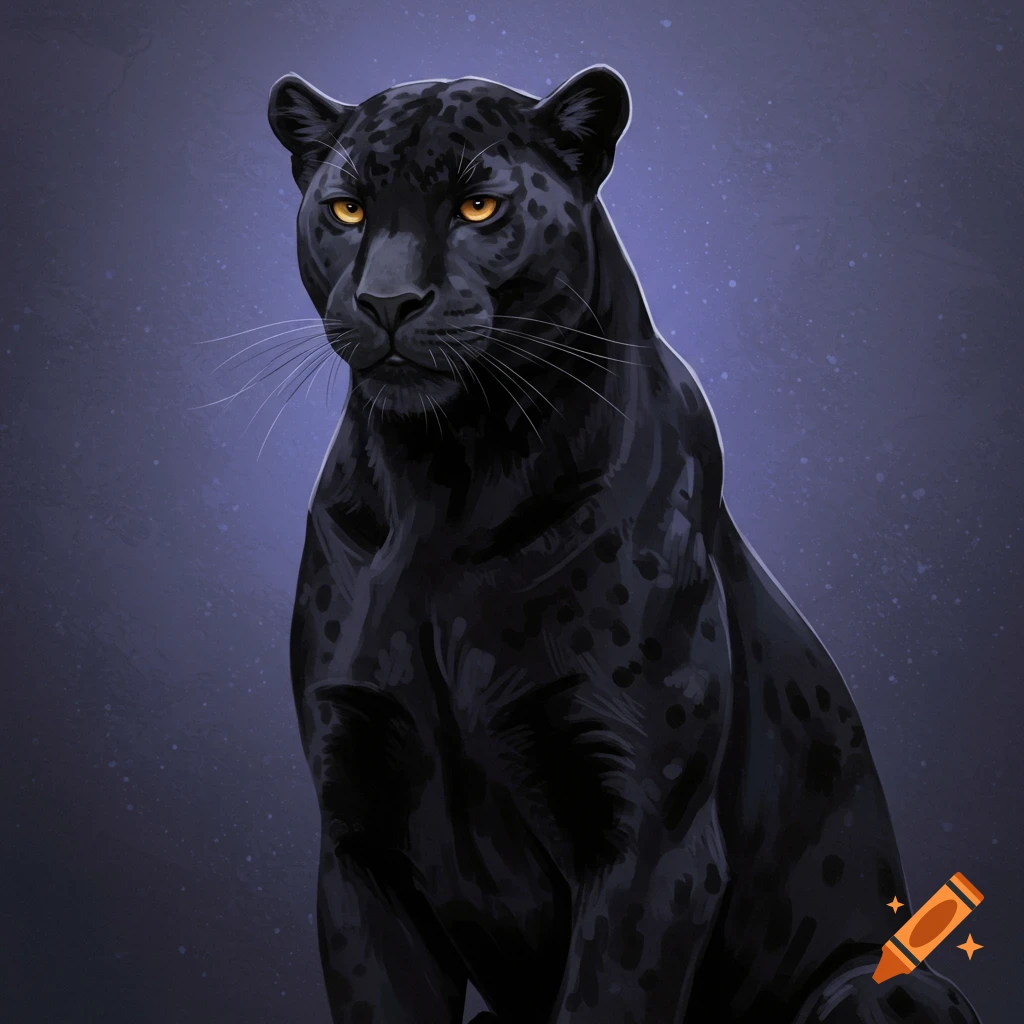 A black panther is sitting with piercing yellow eyes against a speckled purple background.