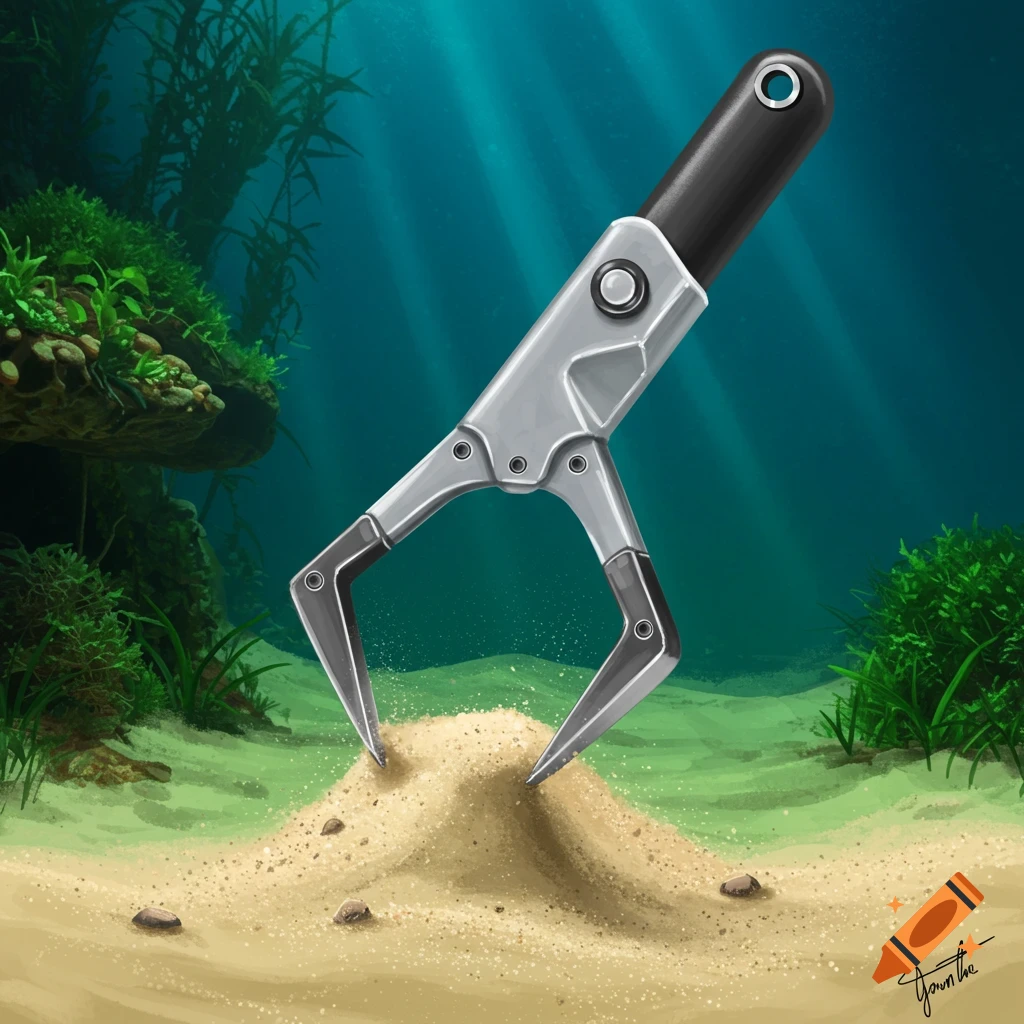 A robotic claw device digging in the sand in an aquarium.