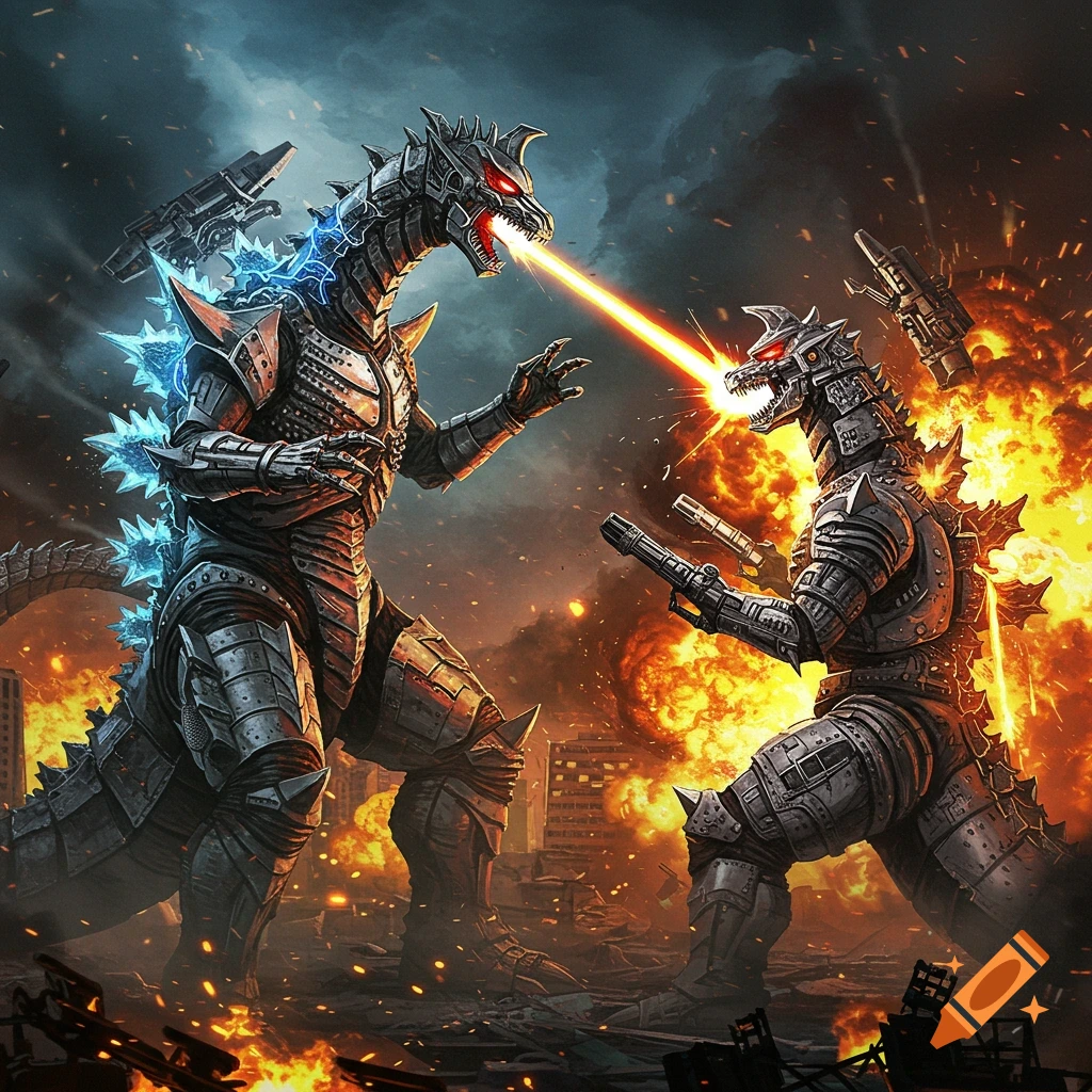 Two armored kaiju-like robots fighting in a burning city with energy beams.
