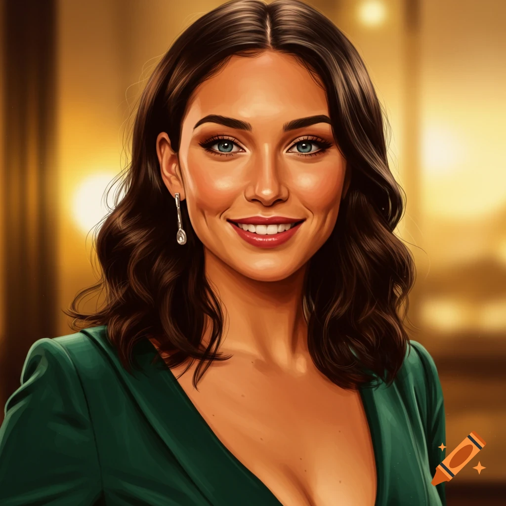 Portrait of a woman with brown hair and blue eyes wearing a green dress.