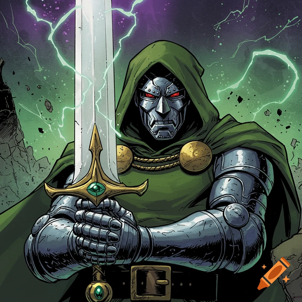 Doctor Doom holds a sword in a comic art style