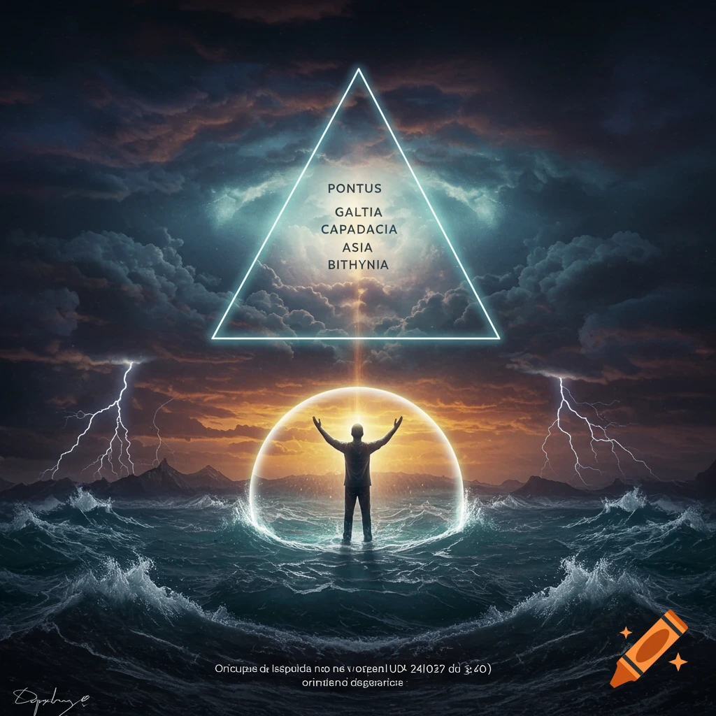 A figure in a glowing bubble in a stormy sea under a triangle with text and lightning.