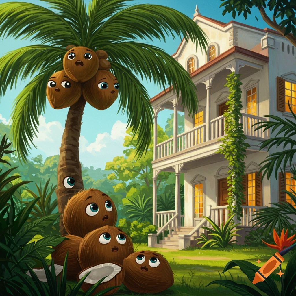 Cartoon coconuts with eyes look up at a white plantation house in a tropical setting.
