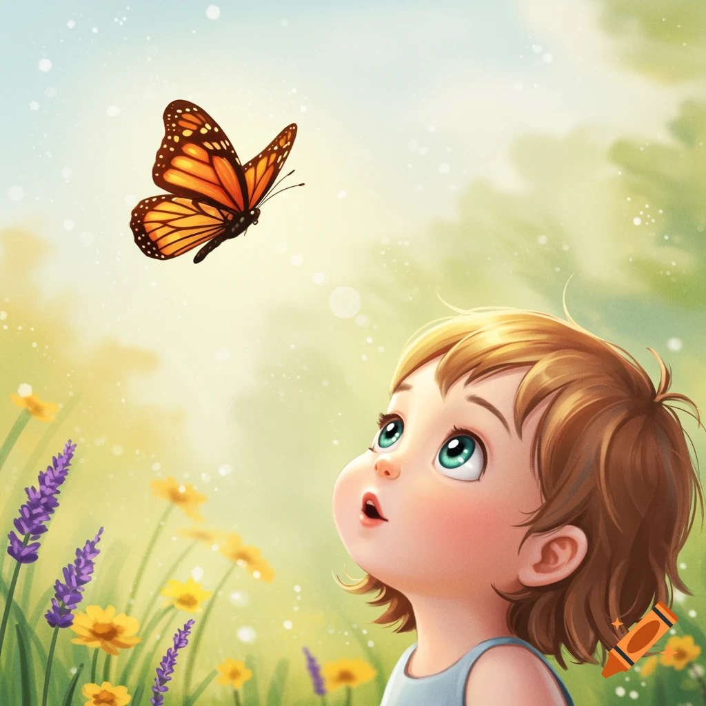 A child looking up at a monarch butterfly in a sunny meadow with flowers.
