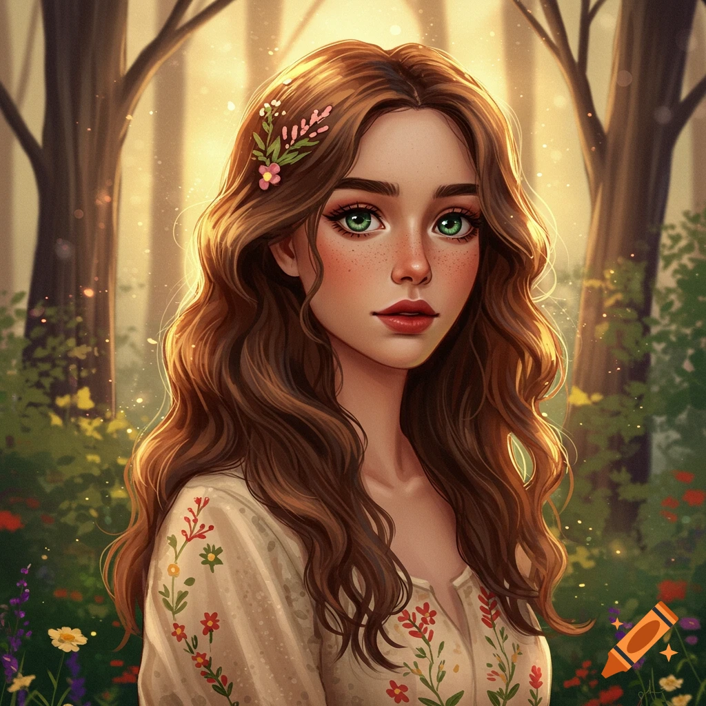 A fantasy girl with wavy brown hair and green eyes stands in a forest, wearing a floral dress.
