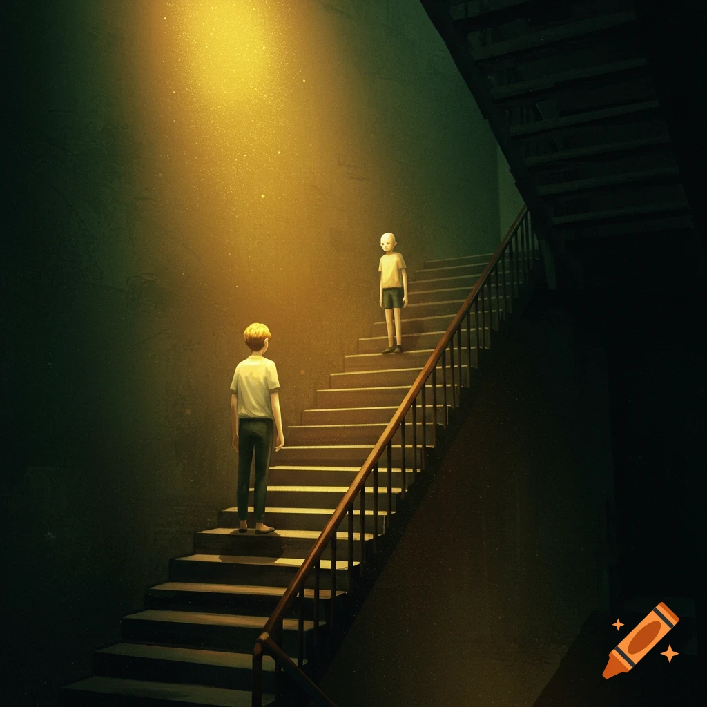 Two figures on a dark staircase with dramatic lighting