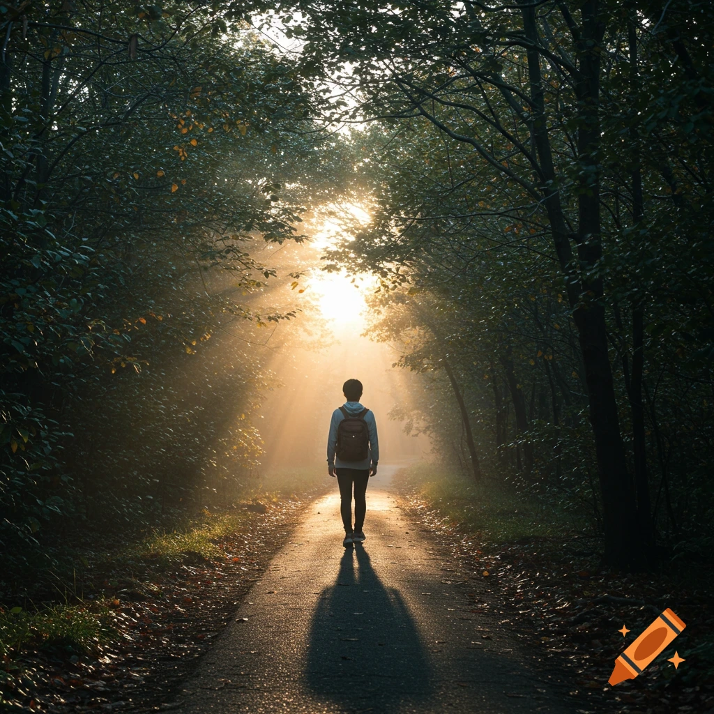 A person walks down a sun-drenched path through a forest.